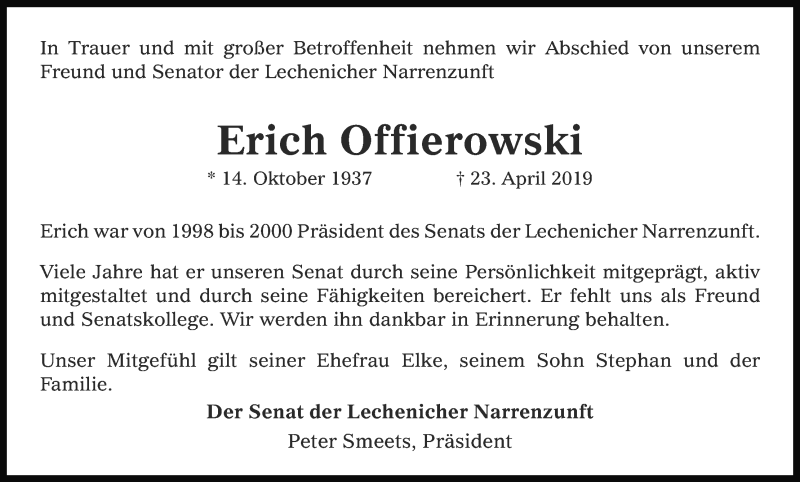  Traueranzeige für Erich Offierowski vom 27.04.2019 aus Kölner Stadt-Anzeiger / Kölnische Rundschau / Express