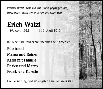Anzeige von Erich Watzl von Kölner Stadt-Anzeiger / Kölnische Rundschau / Express