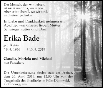 Anzeige von Erika Bade von Kölner Stadt-Anzeiger / Kölnische Rundschau / Express