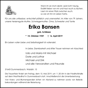 Anzeige von Erika Bansen von  Anzeigen Echo 