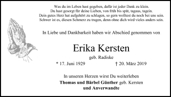 Anzeige von Erika Kersten von Kölner Stadt-Anzeiger / Kölnische Rundschau / Express