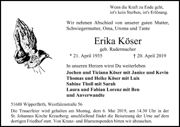 Anzeige von Erika Köser von Kölner Stadt-Anzeiger / Kölnische Rundschau / Express