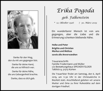 Anzeige von Erika Pogoda von Kölner Stadt-Anzeiger / Kölnische Rundschau / Express
