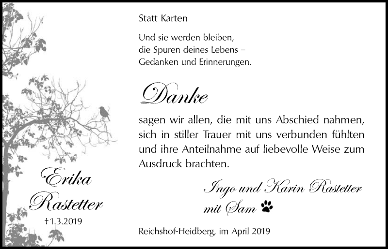 Traueranzeige für Erika Rastetter vom 17.04.2019 aus  Lokalanzeiger 