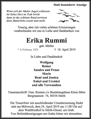 Anzeige von Erika Rummi von  Sonntags-Post 