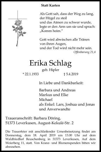 Anzeige von Erika Schlag von Kölner Stadt-Anzeiger / Kölnische Rundschau / Express
