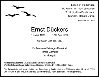 Anzeige von Ernst Dückers von Kölner Stadt-Anzeiger / Kölnische Rundschau / Express
