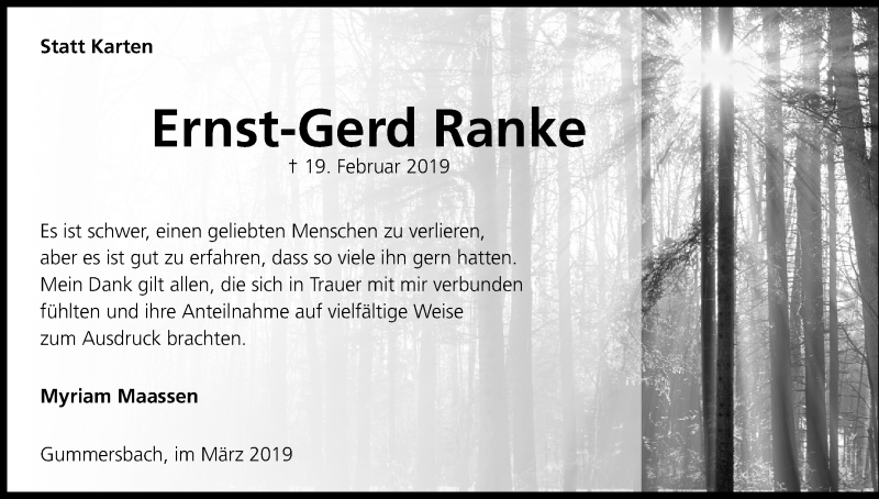  Traueranzeige für Ernst-Gerd Ranke vom 06.04.2019 aus Kölner Stadt-Anzeiger / Kölnische Rundschau / Express