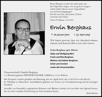 Anzeige von Erwin Berghaus von Kölner Stadt-Anzeiger / Kölnische Rundschau / Express
