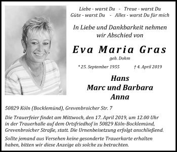 Anzeige von Eva Maria Gras von Kölner Stadt-Anzeiger / Kölnische Rundschau / Express