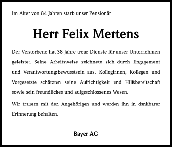 Anzeige von Felix Mertens von Kölner Stadt-Anzeiger / Kölnische Rundschau / Express