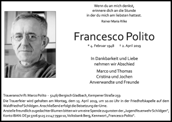 Anzeige von Francesco Polito von Kölner Stadt-Anzeiger / Kölnische Rundschau / Express