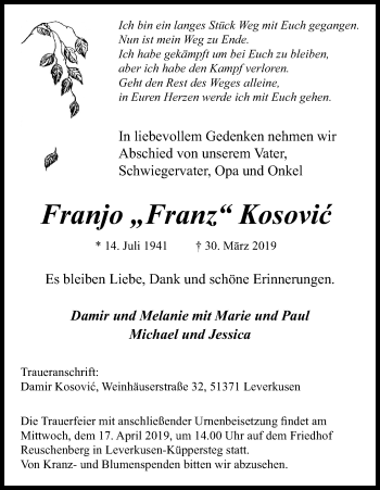 Anzeige von Franjo Kosovic von Kölner Stadt-Anzeiger / Kölnische Rundschau / Express