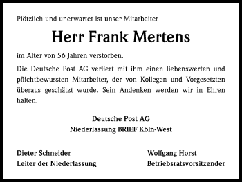Anzeige von Frank Mertens von Kölner Stadt-Anzeiger / Kölnische Rundschau / Express