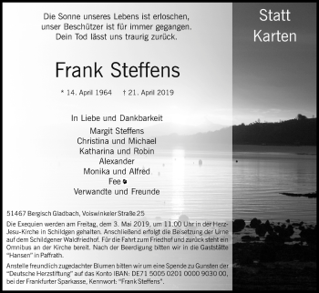 Anzeige von Frank Steffens von Kölner Stadt-Anzeiger / Kölnische Rundschau / Express