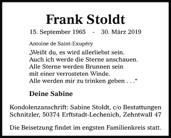 Anzeige von Frank Stoldt von Kölner Stadt-Anzeiger / Kölnische Rundschau / Express