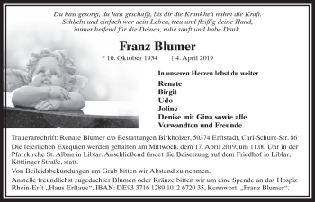 Anzeige von Franz Blumer von  Sonntags-Post 