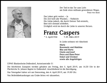 Anzeige von Franz Caspers von Kölner Stadt-Anzeiger / Kölnische Rundschau / Express