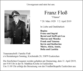 Anzeige von Franz Floß von  Blickpunkt Euskirchen 