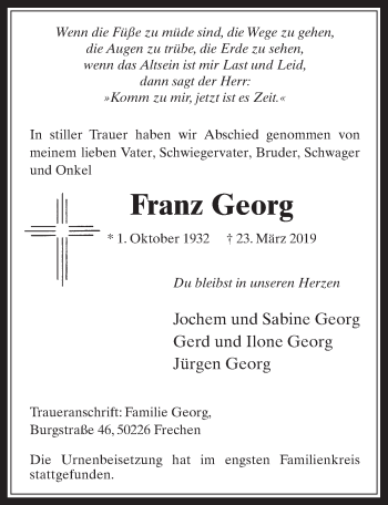 Anzeige von Franz Georg von  Wochenende 