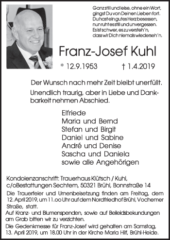 Anzeige von Franz-Josef Kuhl von  Schlossbote/Werbekurier 