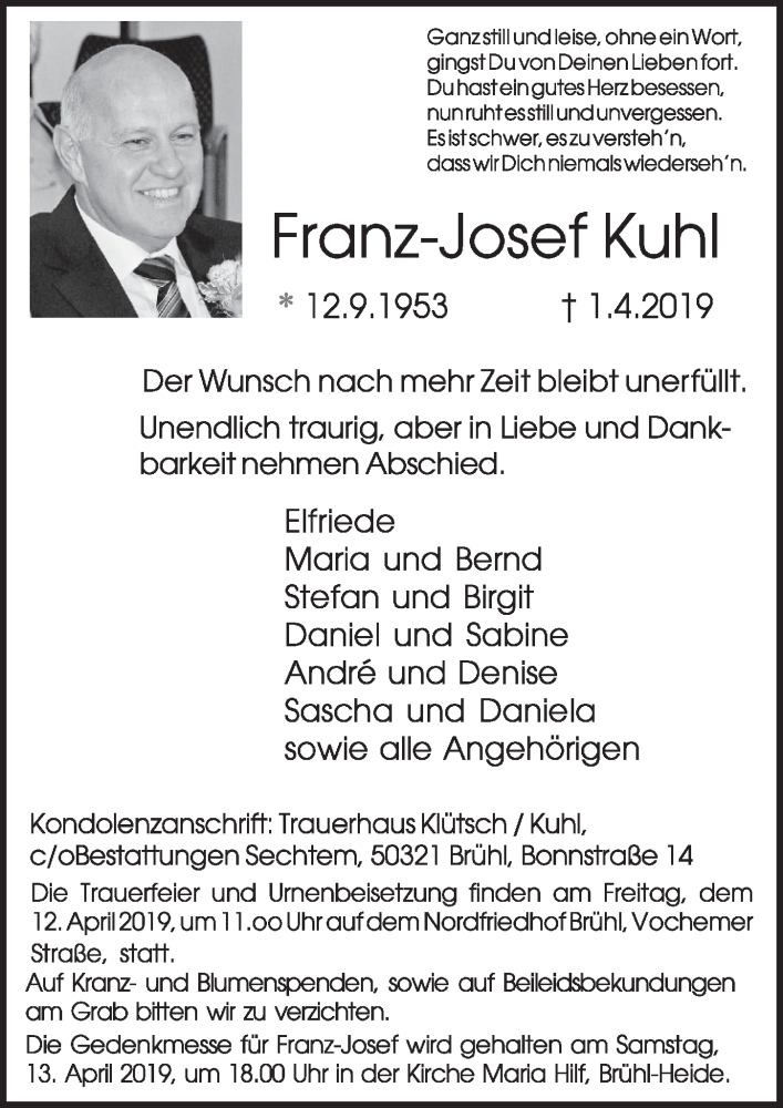  Traueranzeige für Franz-Josef Kuhl vom 10.04.2019 aus  Schlossbote/Werbekurier 