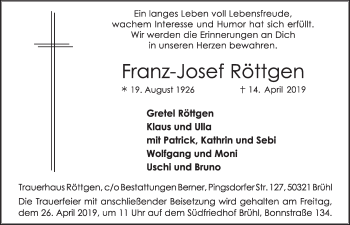 Anzeige von Franz-Josef Röttgen von  Schlossbote/Werbekurier 