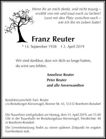 Anzeige von Franz Reuter von  Schaufenster/Blickpunkt 