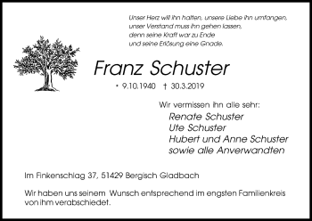 Anzeige von Franz Schuster von Kölner Stadt-Anzeiger / Kölnische Rundschau / Express