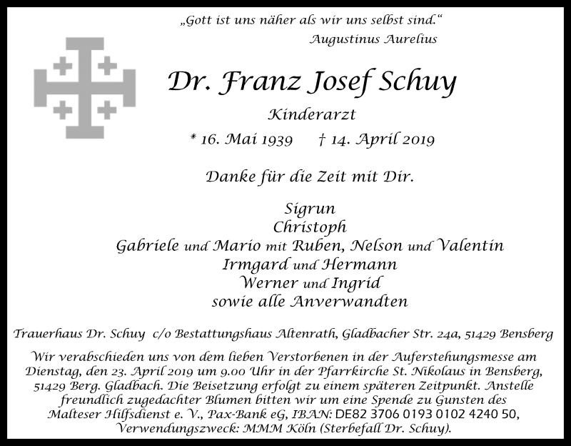  Traueranzeige für Franz Josef Schuy vom 18.04.2019 aus Kölner Stadt-Anzeiger / Kölnische Rundschau / Express