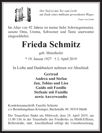 Anzeige von Frieda Schmitz von  Wochenende 