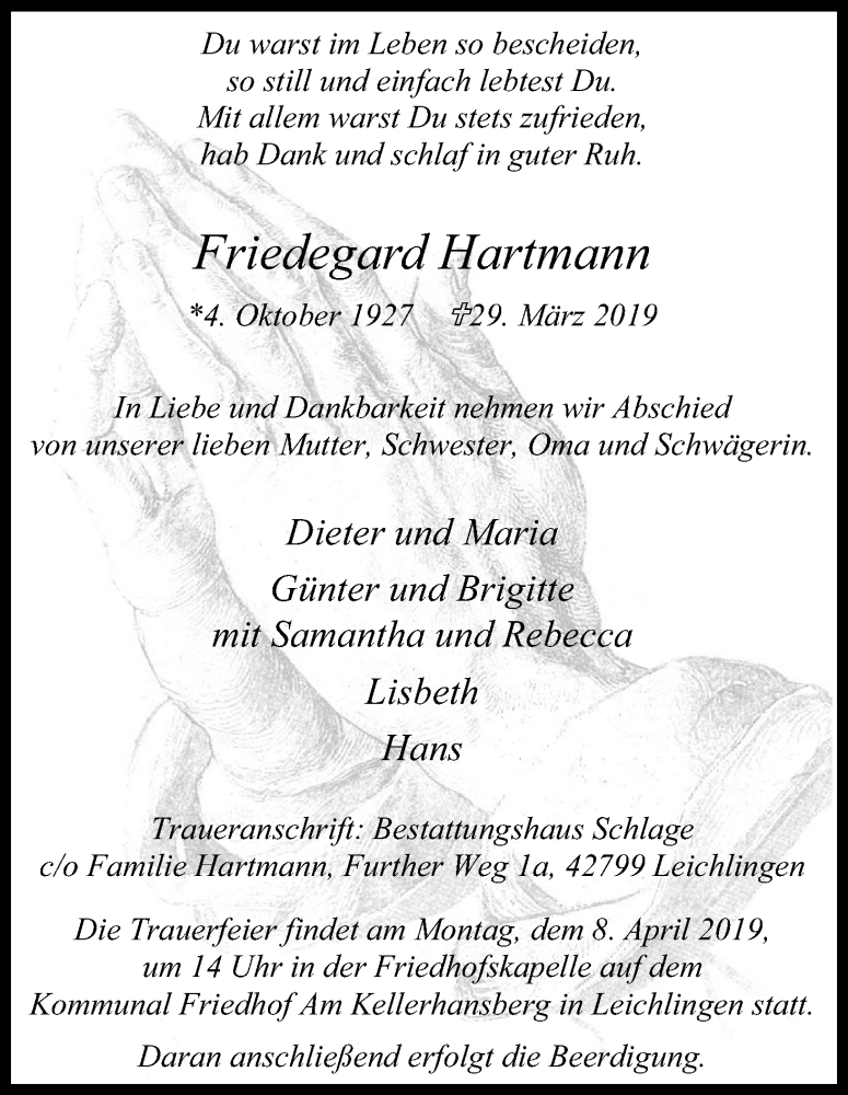  Traueranzeige für Friedegard Hartmann vom 03.04.2019 aus Kölner Stadt-Anzeiger / Kölnische Rundschau / Express