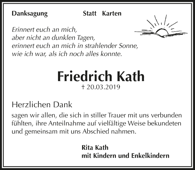  Traueranzeige für Friedrich  Kath vom 30.04.2019 aus  Bergisches Handelsblatt 