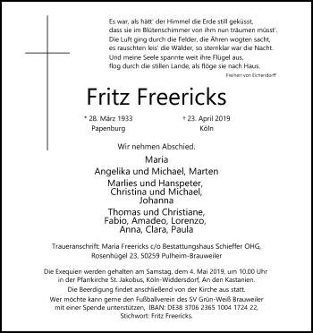 Anzeige von Fritz Freericks von Kölner Stadt-Anzeiger / Kölnische Rundschau / Express