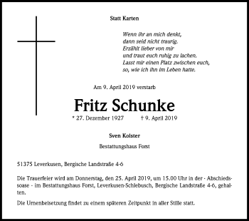 Anzeige von Fritz Schunke von Kölner Stadt-Anzeiger / Kölnische Rundschau / Express