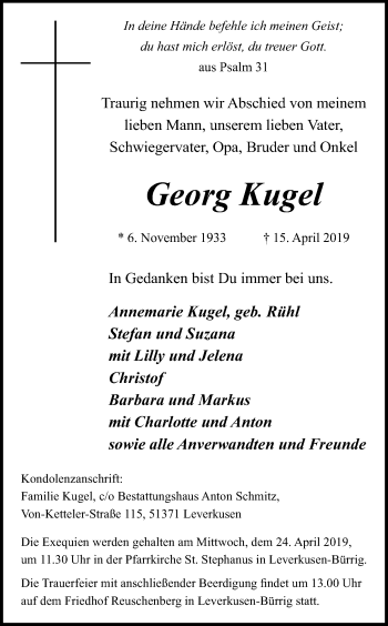 Anzeige von Georg Kugel von Kölner Stadt-Anzeiger / Kölnische Rundschau / Express