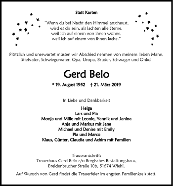 Anzeige von Gerd Belo von  Anzeigen Echo 