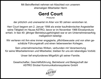 Anzeige von Gerd Court von Kölner Stadt-Anzeiger / Kölnische Rundschau / Express