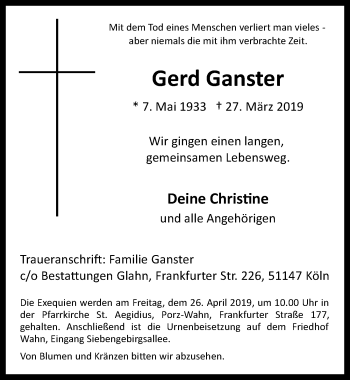 Anzeige von Gerd Ganster von  Kölner Wochenspiegel 