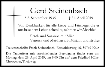 Anzeige von Gerd Steinenbach von Kölner Stadt-Anzeiger / Kölnische Rundschau / Express