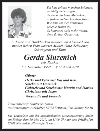 Anzeige von Gerda Sinzenich von  Werbepost 