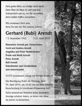 Anzeige von Gerhard Arendt von Kölner Stadt-Anzeiger / Kölnische Rundschau / Express