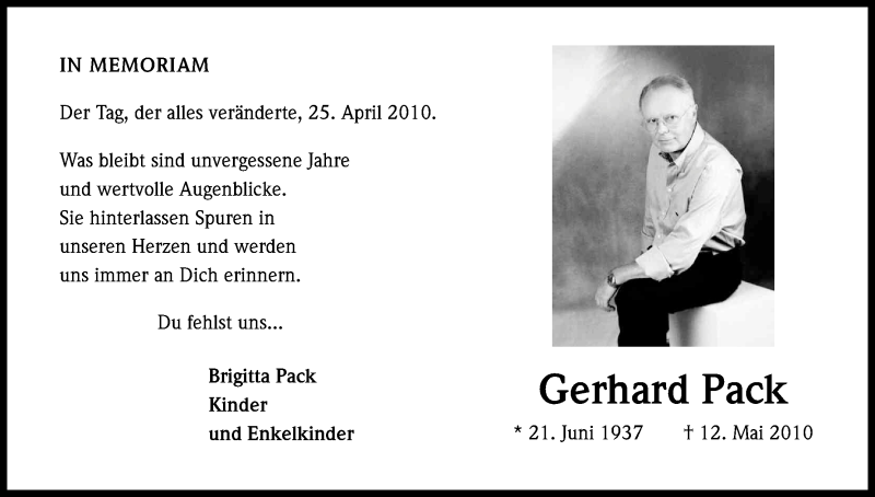  Traueranzeige für Gerhard Pack vom 25.04.2019 aus Kölner Stadt-Anzeiger / Kölnische Rundschau / Express