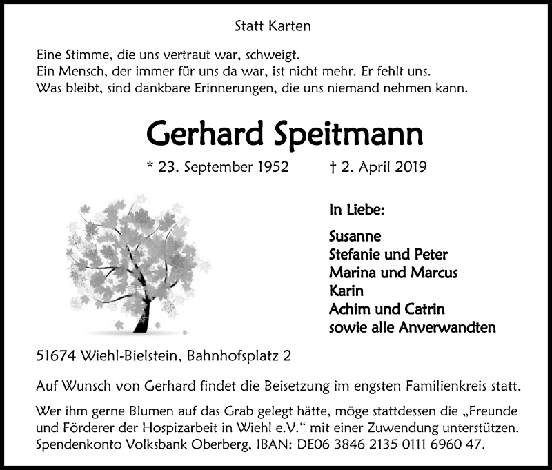 Traueranzeige für Gerhard Speitmann vom 06.04.2019 aus Kölner Stadt-Anzeiger / Kölnische Rundschau / Express