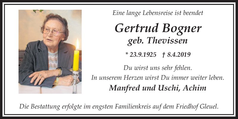  Traueranzeige für Gertrud Bogner vom 18.07.2023 aus  Sonntags-Post 