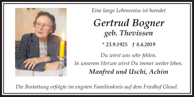  Traueranzeige für Gertrud Bogner vom 27.04.2019 aus  Sonntags-Post 