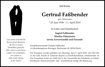 Anzeige von Gertrud Faßbender von Kölner Stadt-Anzeiger / Kölnische Rundschau / Express