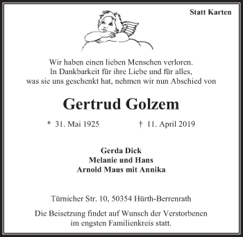 Anzeige von Gertrud Golzem von  Wochenende 