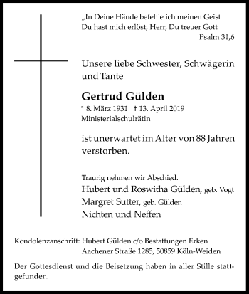 Anzeige von Gertrud Gülden von Kölner Stadt-Anzeiger / Kölnische Rundschau / Express