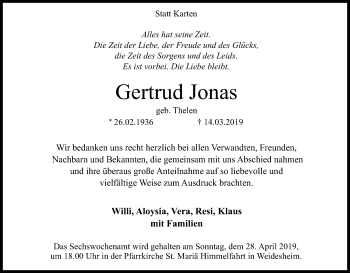 Anzeige von Gertrud Jonas von Kölner Stadt-Anzeiger / Kölnische Rundschau / Express